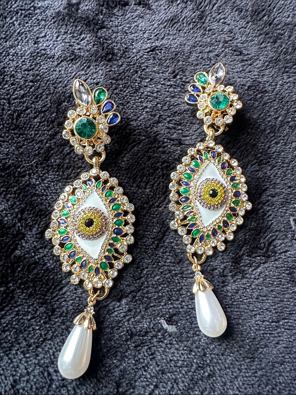 Ornate Evil Eye Gold Tone Statement Earrings with Crystal